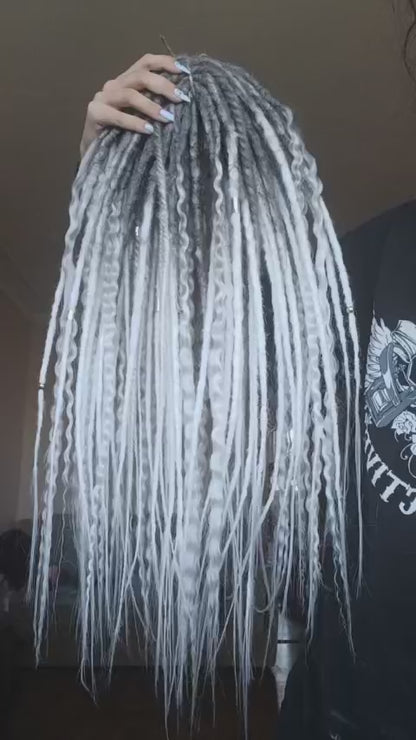 Crochet dreads with braids and curls set ombre grey-to-white